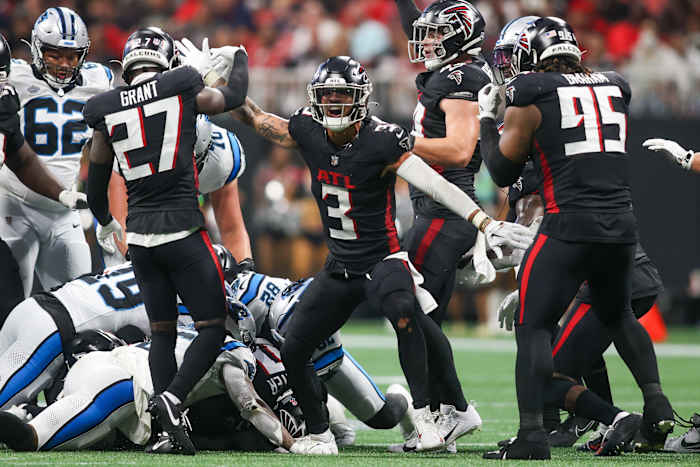 Sep 10, 2023; Atlanta, Georgia, USA; Atlanta Falcons safety Jessie Bates III (3) reacts after a fumble recovery against the Carolina Panthers in the second half at Mercedes-Benz Stadium. Mandatory Credit: Brett Davis-USA TODAY Sports